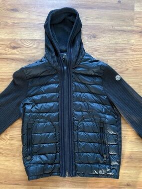 Moncler Navy Quilted Hooded Puffer with Knit Sleeves